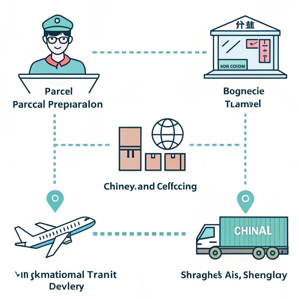Simplified EMS shipping flow from China with parcel preparation to delivery