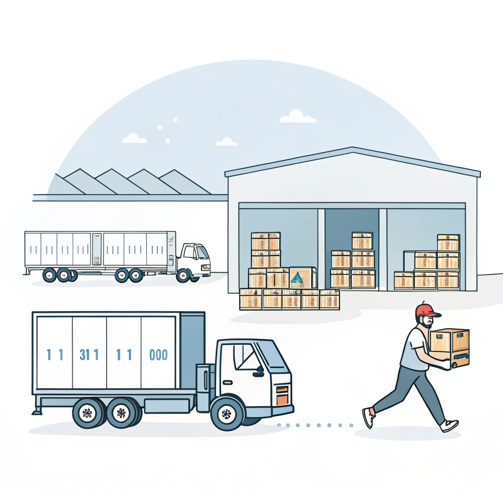 Warehouse consolidating Labubu toy shipments with delivery trucks leaving