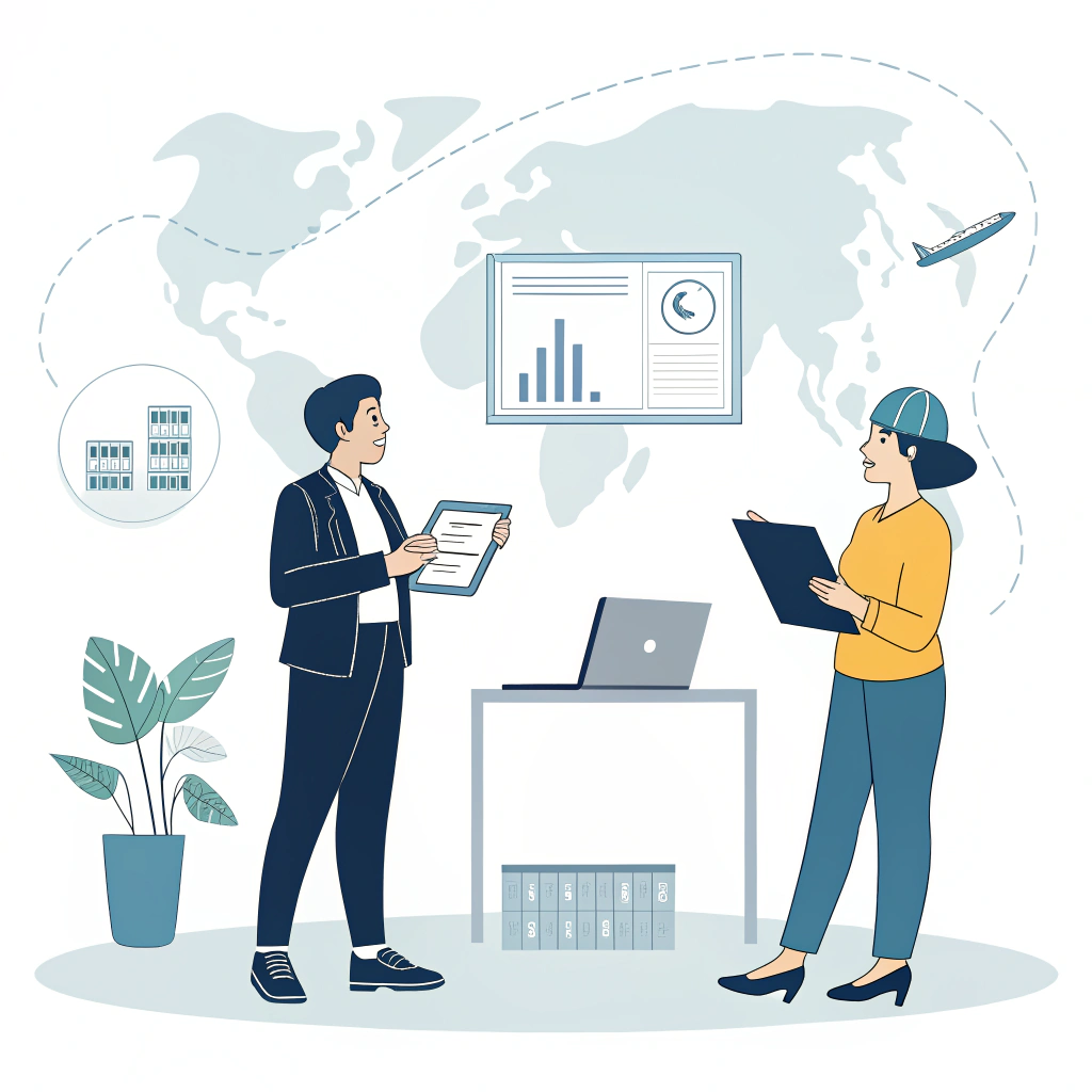 Flat illustration of buyer consulting freight forwarder about shipping documents and costs