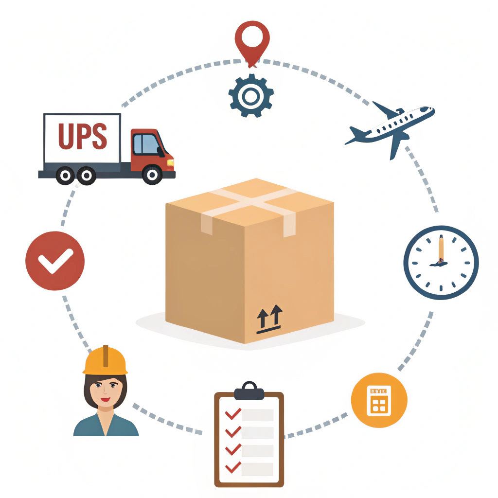 Minimalistic 2D illustration of package with icons for UPS tracking stages and freight forwarding process