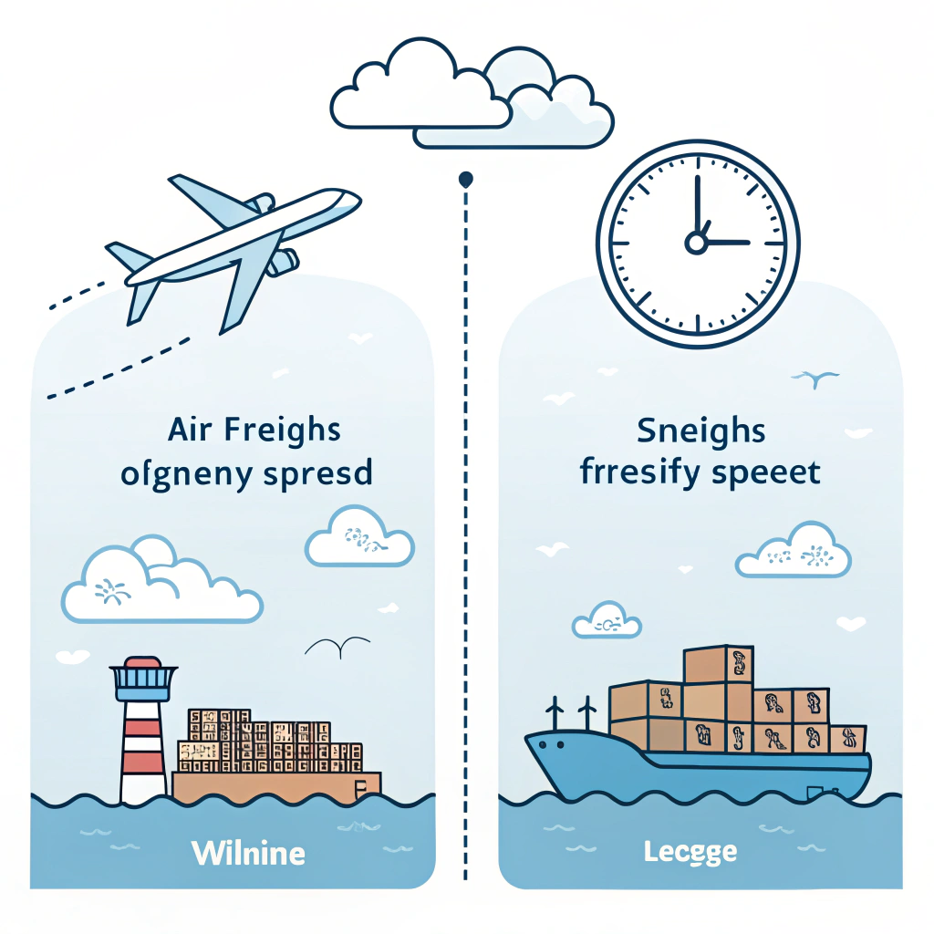 Minimalist illustration contrasting air freight and ocean freight shipping options