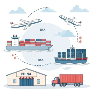Simplified illustration of shipping, customs, warehousing, and delivery between China and USA in minimal style