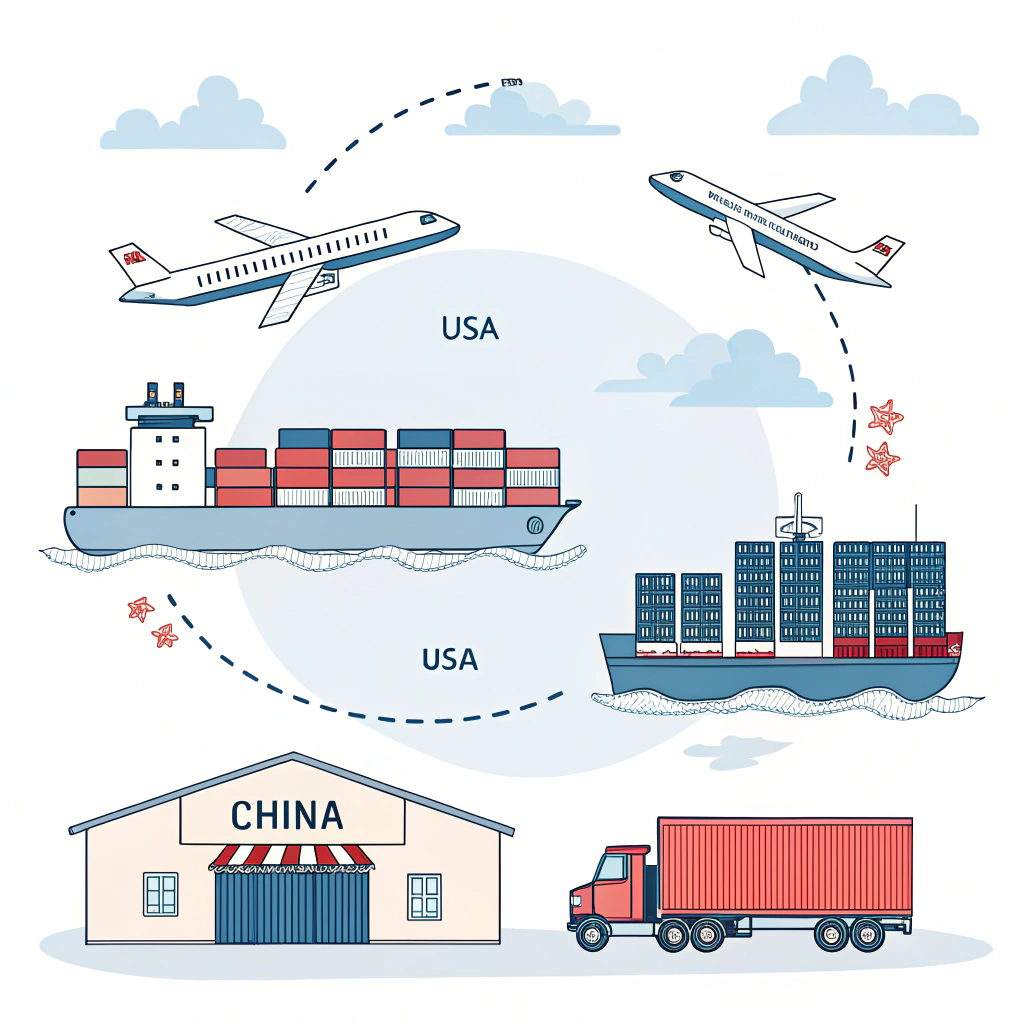 Simplified illustration of shipping, customs, warehousing, and delivery between China and USA in minimal style