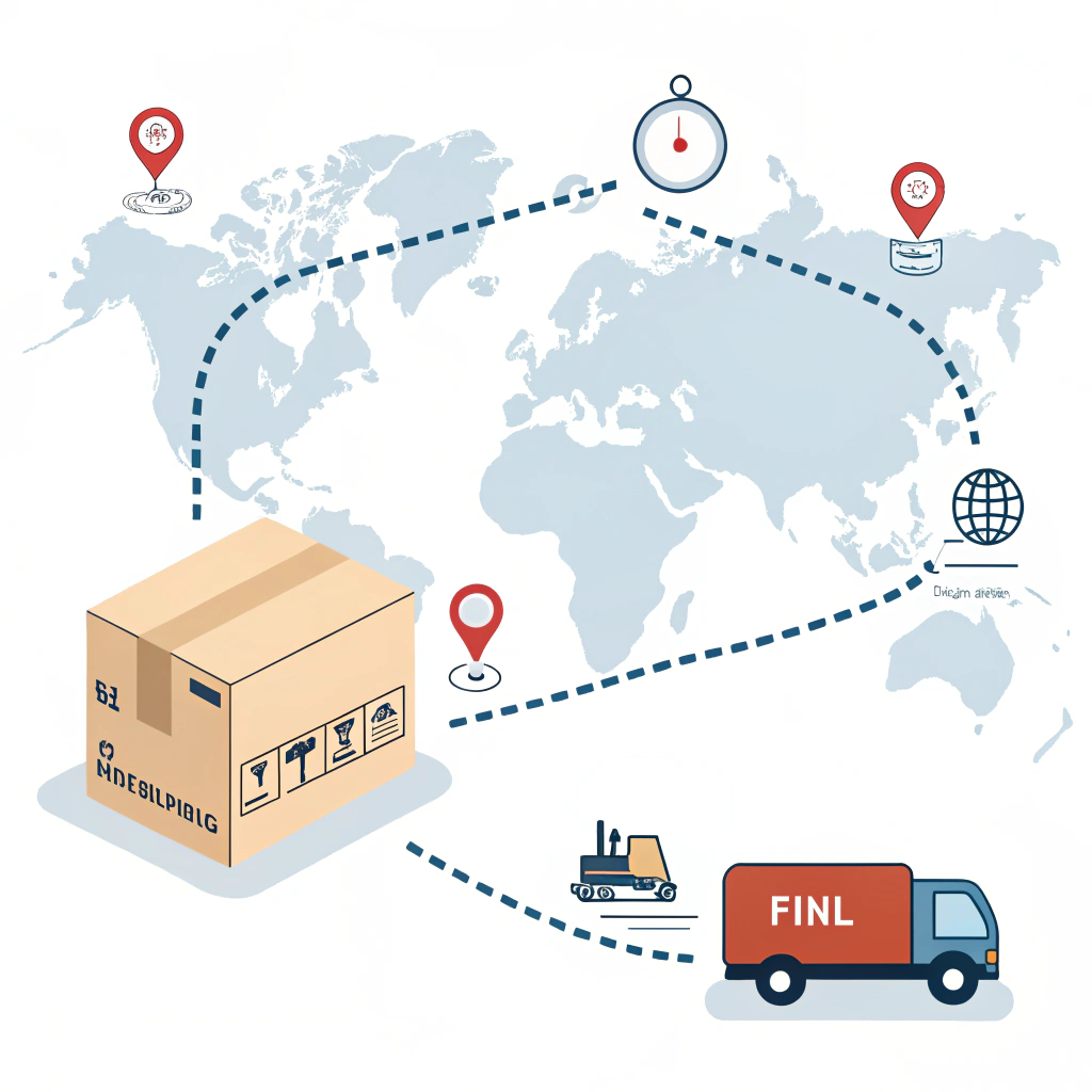 Minimalistic 2D illustration of global parcel shipping and delivery stages without text
