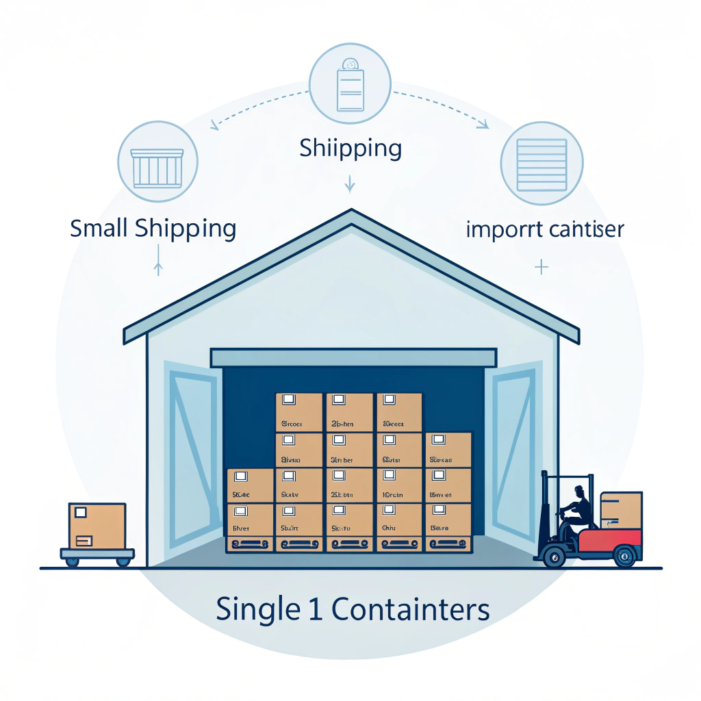 simplified warehouse scene of cargo consolidation into one shipping container ---
