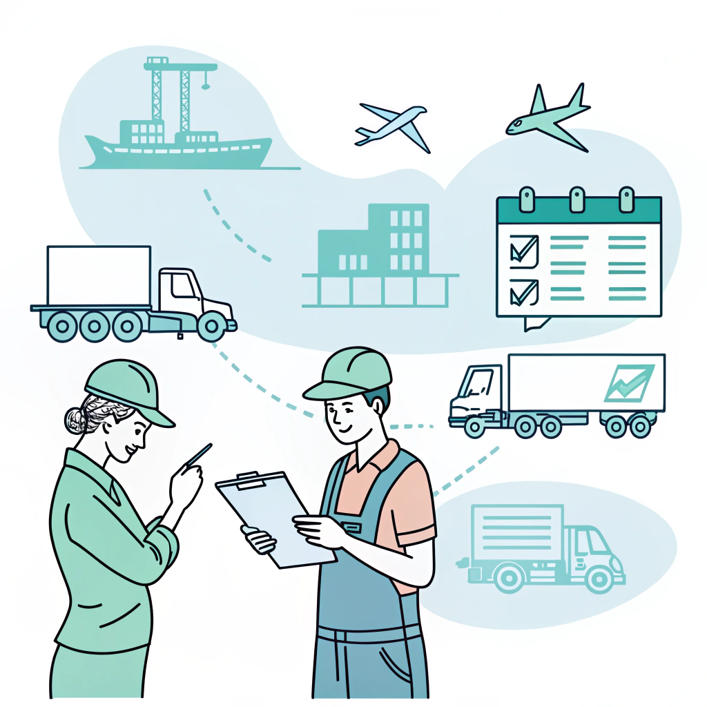 minimal 2D illustration of freight forwarder managing global DPU shipping coordination