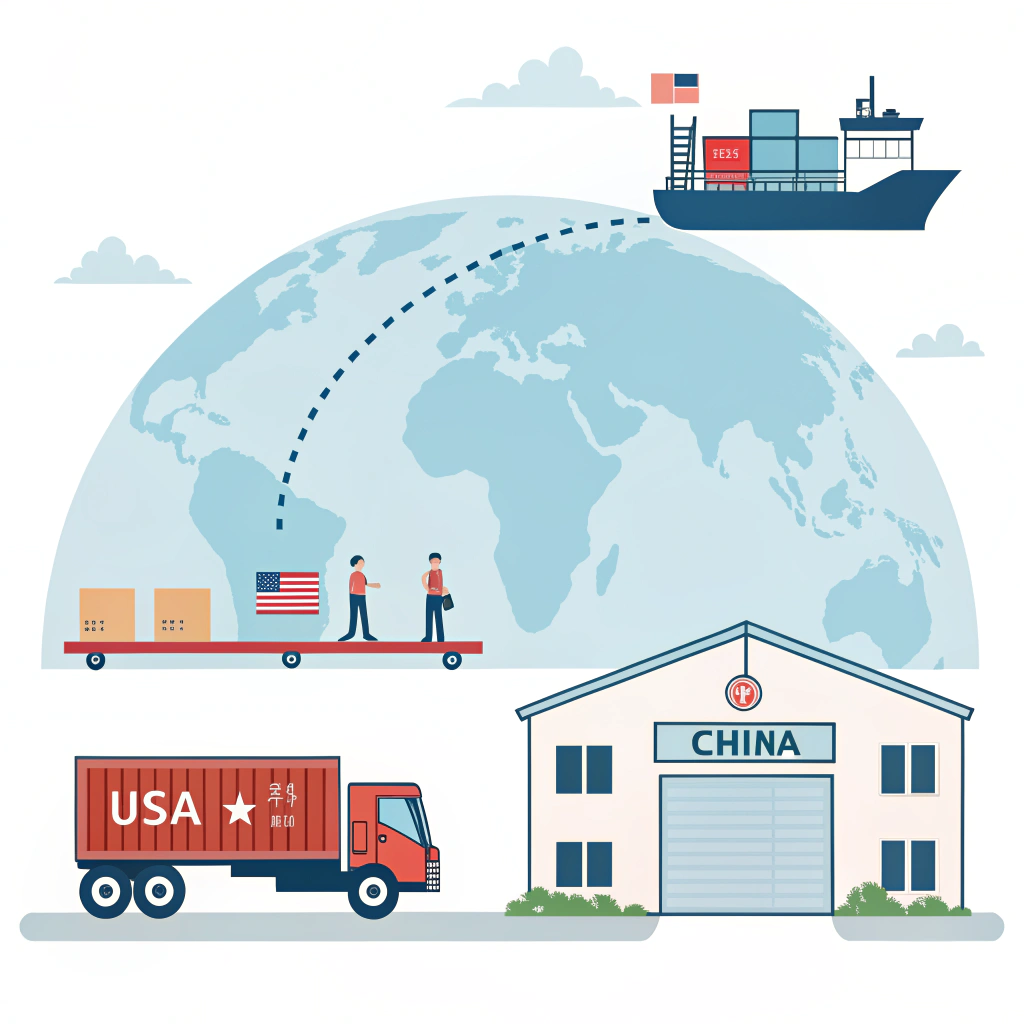 2D illustration of electronics shipment from China to US with unloading at destination warehouse