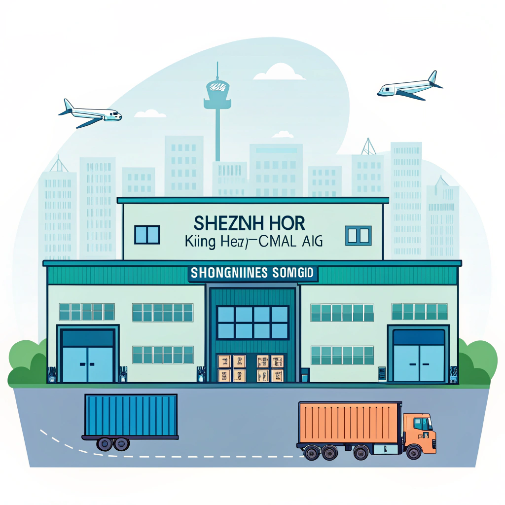 2D illustration of Shenzhen King-Hor freight forwarding office with cargo and trucks