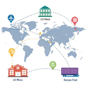 Simplified global map showing Amazon fulfillment center regions and major ports connections in flat illustration style