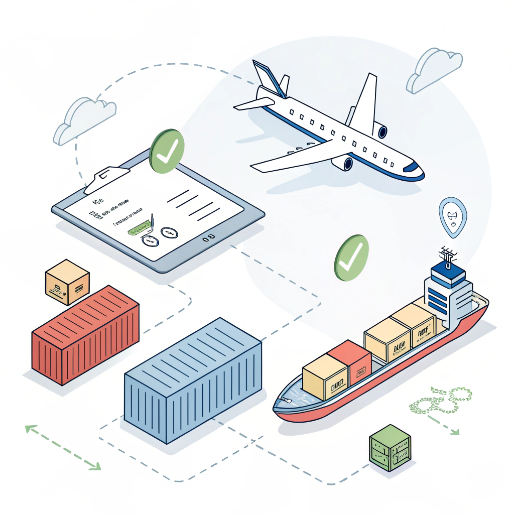Minimalistic 2D illustration of international customs clearance with cargo ship, airplane, and containers at customs checkpoint