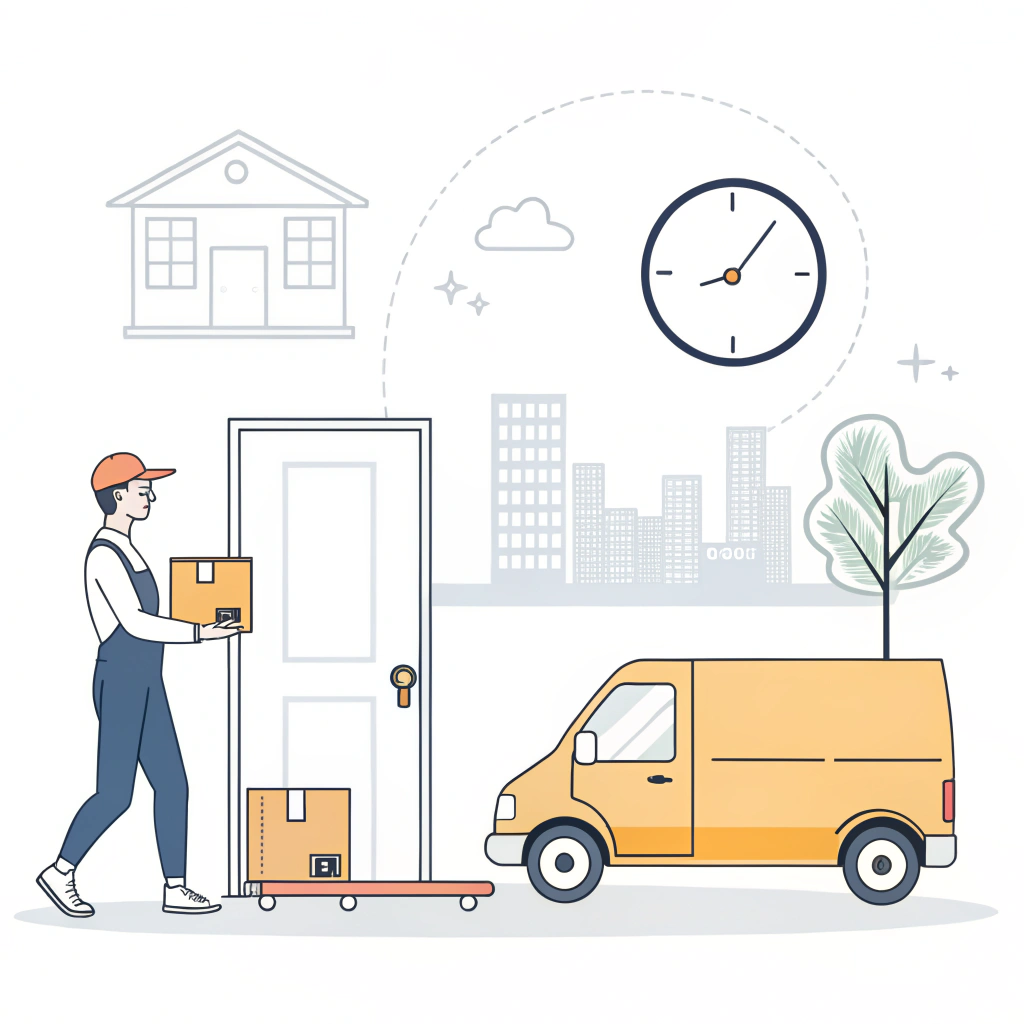 minimalist illustration of premium final mile delivery with van, parcels, and doorstep service