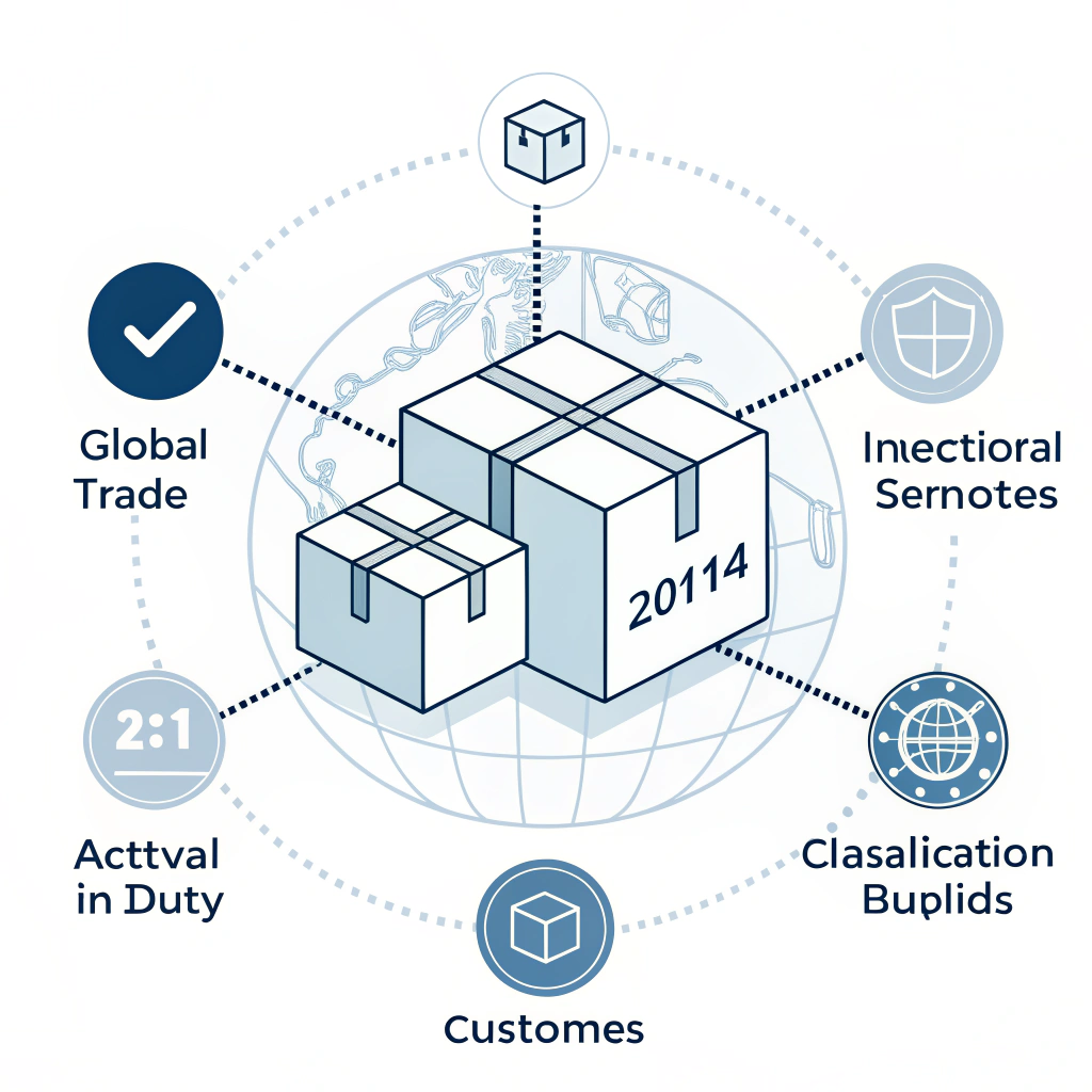 Minimal 2D illustration of international shipping packages with abstract customs and trade symbols