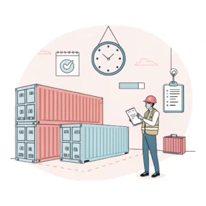 Simple 2D illustration of customs hold on cargo shipment with documents and time pressure