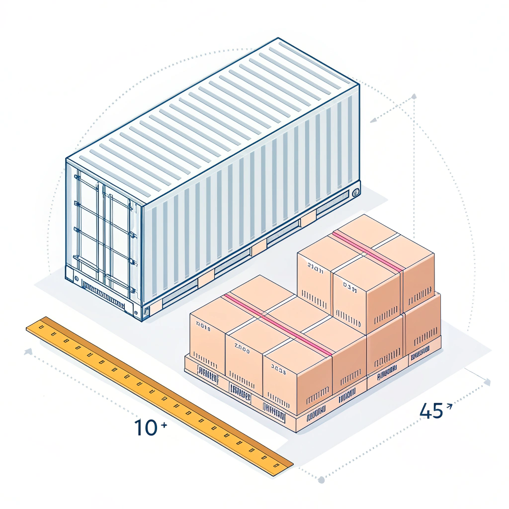 Isometric minimalist illustration of cartons and pallets measured for cargo cubic volume.