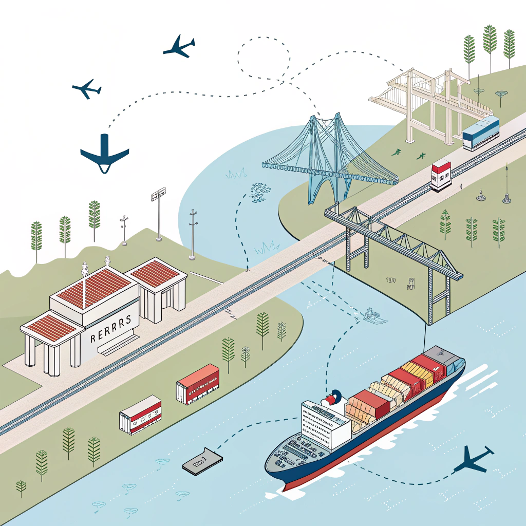Minimalist illustration of Panama Canal with cargo ships and infrastructure in flat 2D style