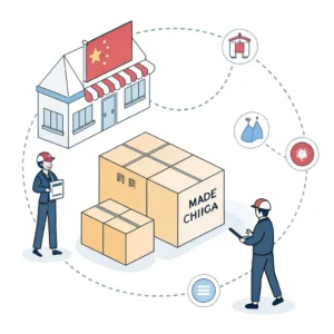 Minimalistic illustration of international shipping boxes with clear origin marking icons and customs symbols.