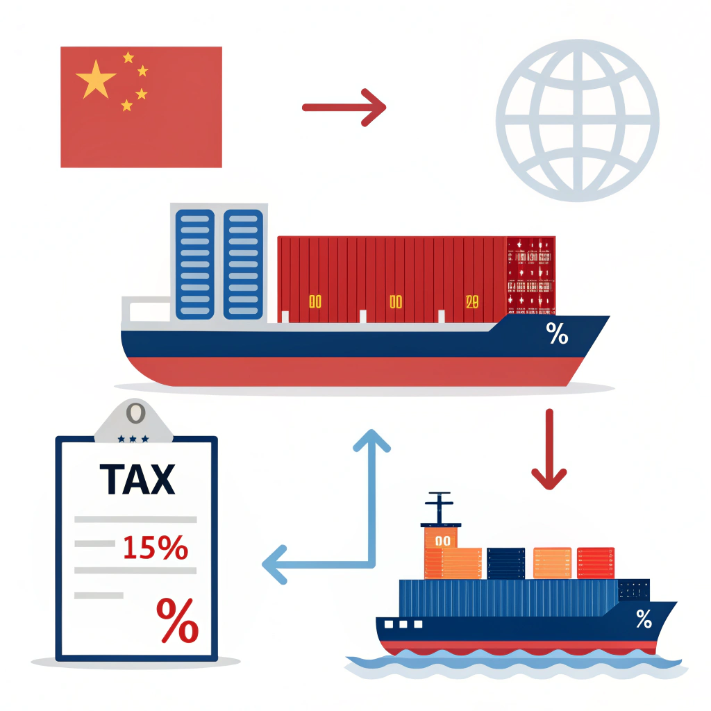 Simplified illustration of China-US trade with shipping containers, tariffs, and customs duties icons