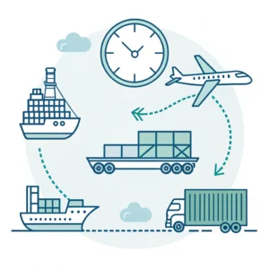 Simplified 2D illustration of ship, plane, truck converging to port with clock showing precise arrival time