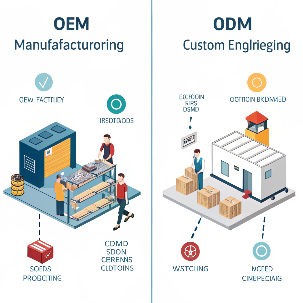 minimalist illustration showing OEM custom manufacturing versus ODM standardized production with logistics symbols