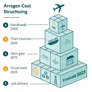 Stylized 2D illustration of Amazon shipping cost layers and dimensional weight concepts in 2025