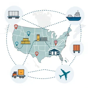 Simplified 2D map of US Amazon fulfillment centers with transport and shipment icons