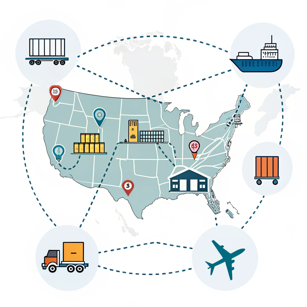 Simplified 2D map of US Amazon fulfillment centers with transport and shipment icons