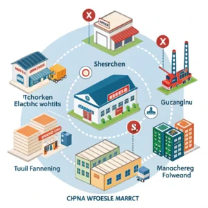 Simplified illustration of Chinese wholesale supplier clusters and freight logistics in 2025