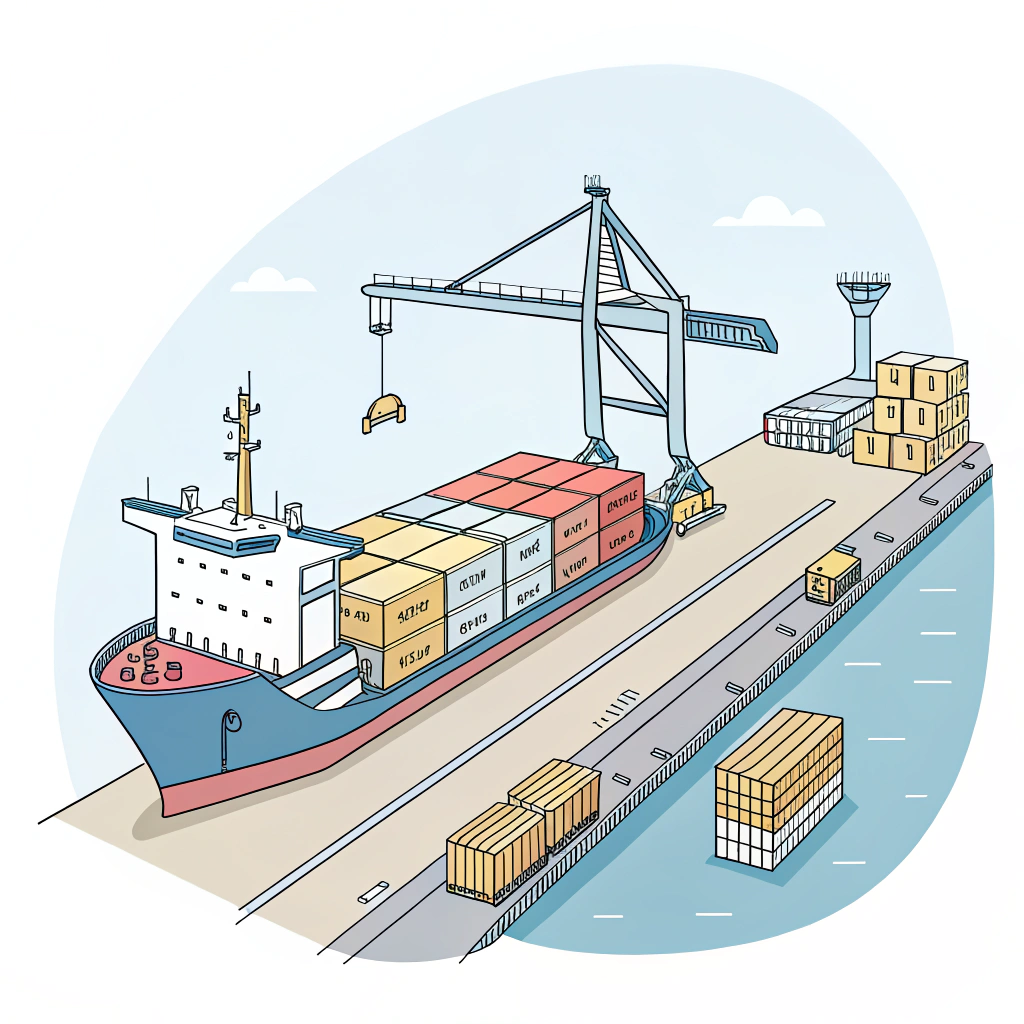 Illustration of bulk cargo alongside a ship at port in minimalistic 2D style