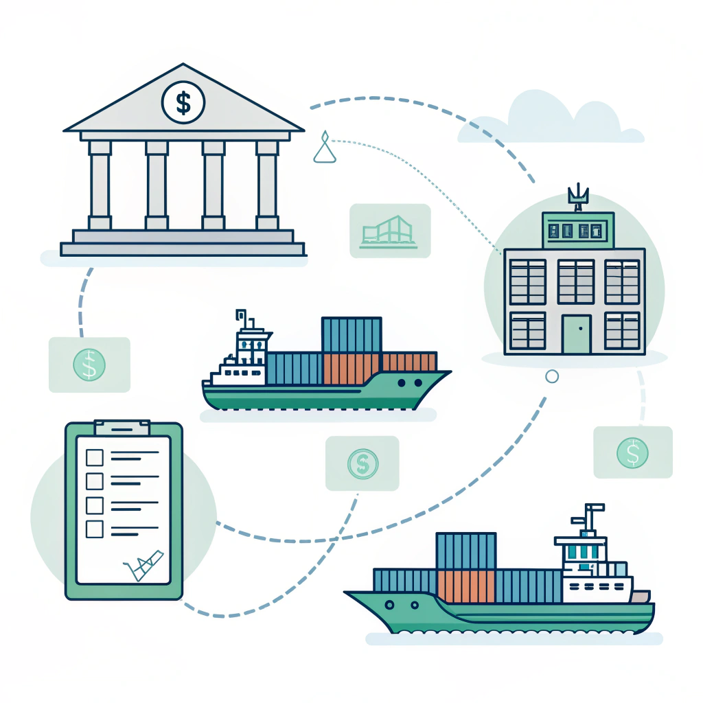 Minimalist 2D illustration of digital trade finance with ships, containers, and electronic documents