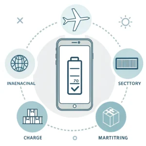 Minimalist illustration of smartphone shipping, customs, and warranty compliance in flat design