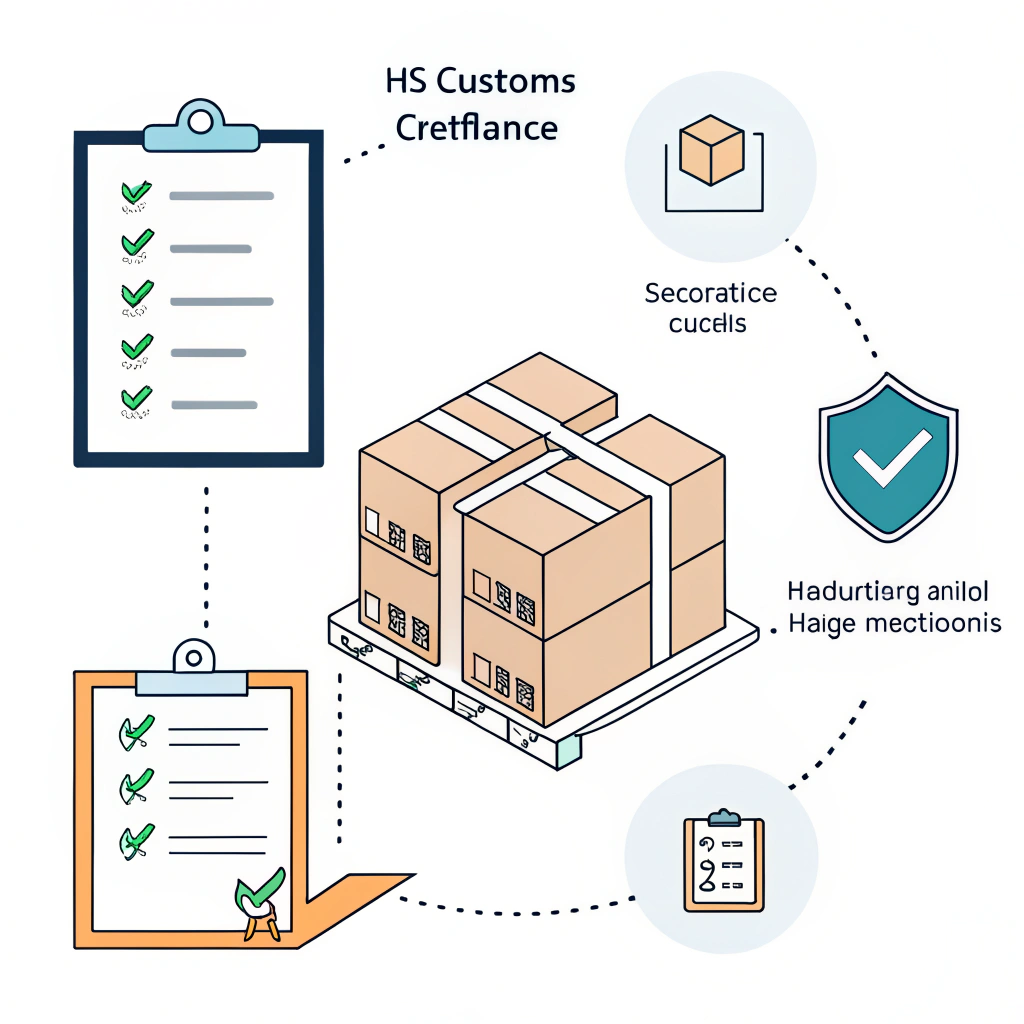 Simplified illustration of cargo, documents, and compliance shield for customs clearance
