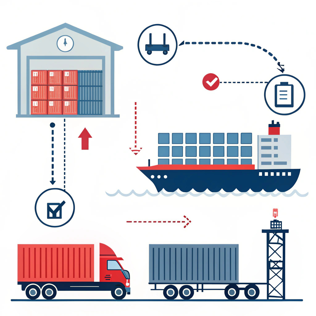 Simplified illustration of cargo ship, containers, trucks showing Incoterms 2020 supply chain steps