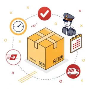 Simplified illustration of a paused shipment with documents and customs icons in 2D style