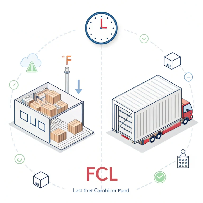 Minimalist 2D split illustration comparing LCL cargo consolidation and FCL direct shipping process