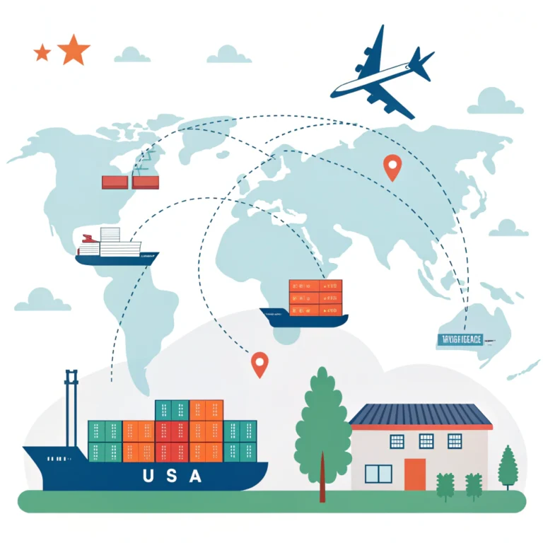 Minimal 2D illustration of freight shipping from China to USA with cargo ships and planes