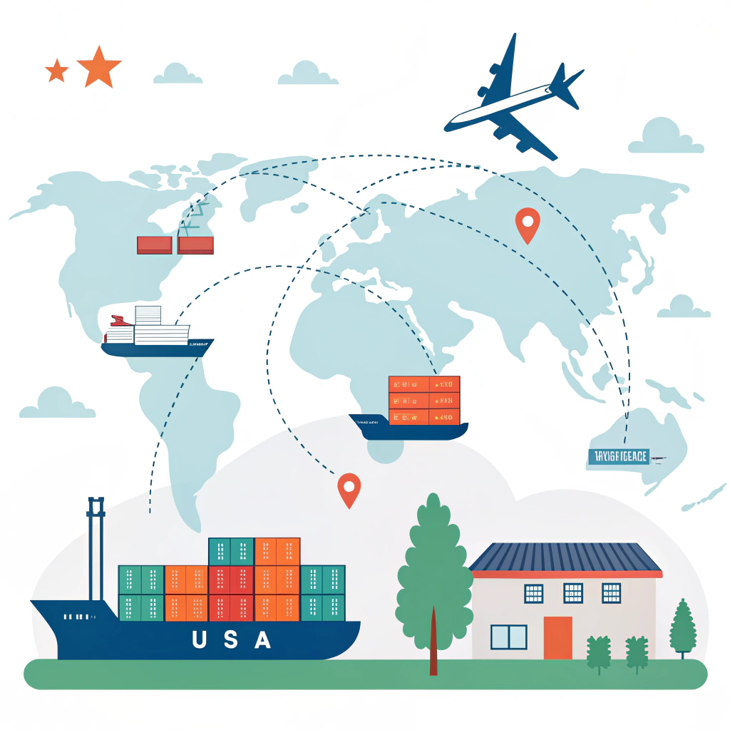 Minimal 2D illustration of freight shipping from China to USA with cargo ships and planes