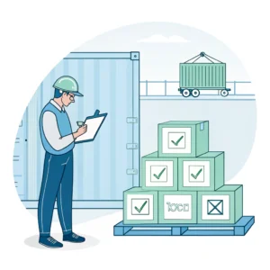 Minimalistic illustration of factory shipment inspection ensuring quality and secure cargo loading