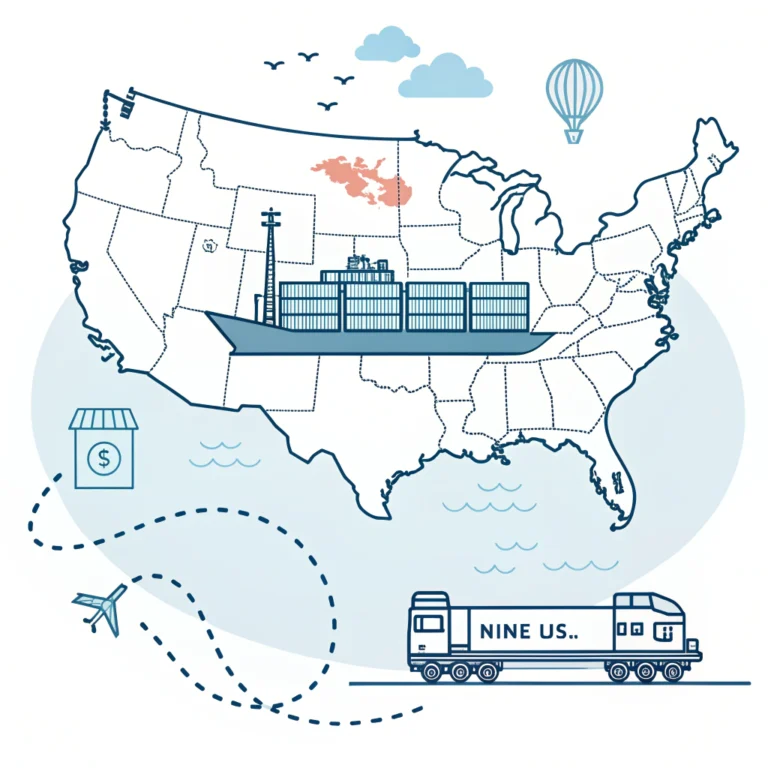Simplified 2D illustration of cargo ship and intermodal rail route from China to US East Coast
