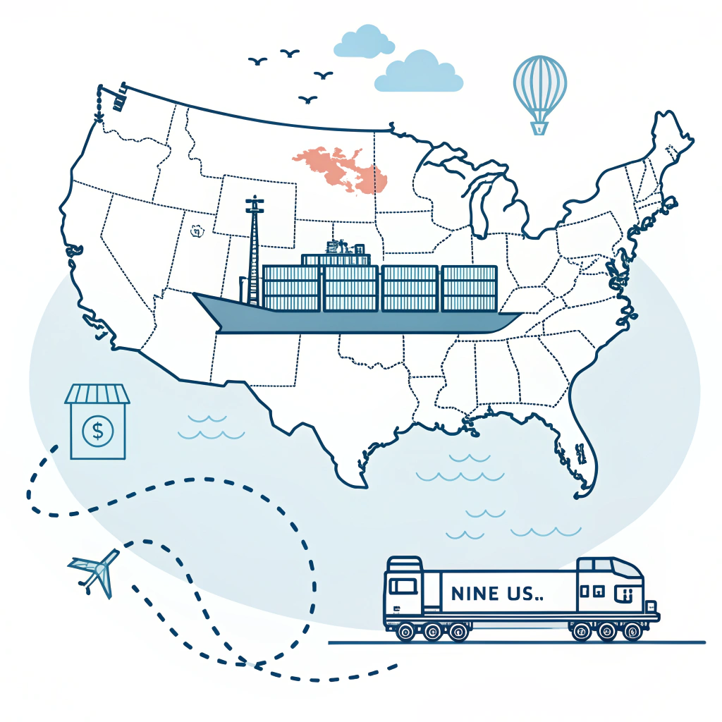 Simplified 2D illustration of cargo ship and intermodal rail route from China to US East Coast