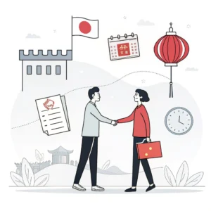 Simplified 2D illustration of cross-cultural negotiation and collaboration with stamped contracts and handshake