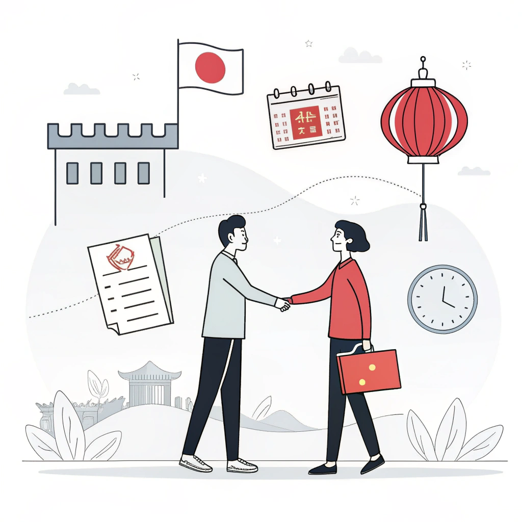 Simplified 2D illustration of cross-cultural negotiation and collaboration with stamped contracts and handshake