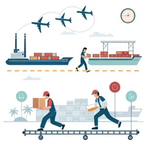 Illustration of rushed factory and smooth logistics with split shipment delivery