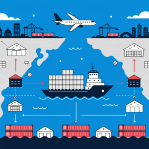 Minimalistic illustration of cargo ship, airplane, warehouses linking Asia and USA for freight logistics