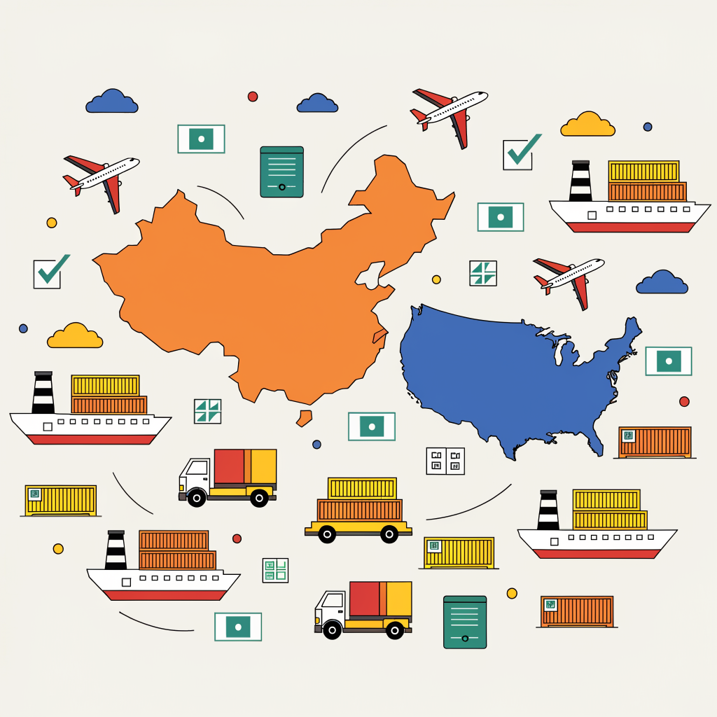 Simplified 2D illustration of shipping containers, trucks, planes, and customs for Amazon FBA logistics from China