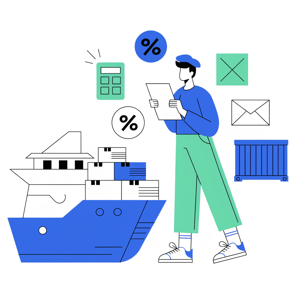 Simplified 2D illustration of import duty calculation with cargo, documents, and icons