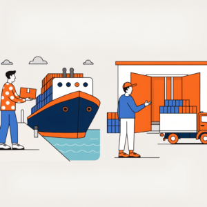 Simplified 2D illustration comparing FOB and EXW shipping responsibilities with cargo ship and factory truck.