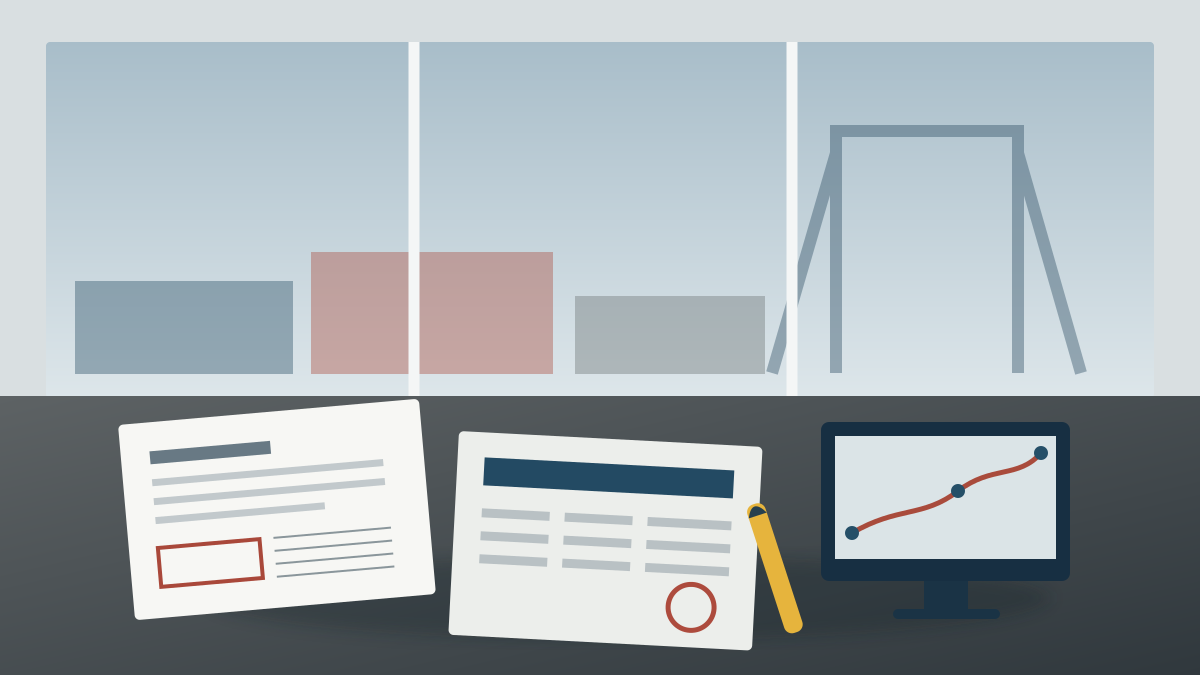 Freight operations desk reviewing shipping documents beside a port window