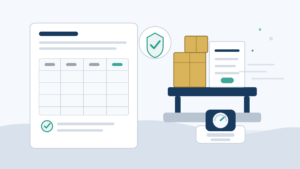 Clean editorial illustration of customs packing documents, cartons, pallet, and weight scale for industrial shipment compliance.