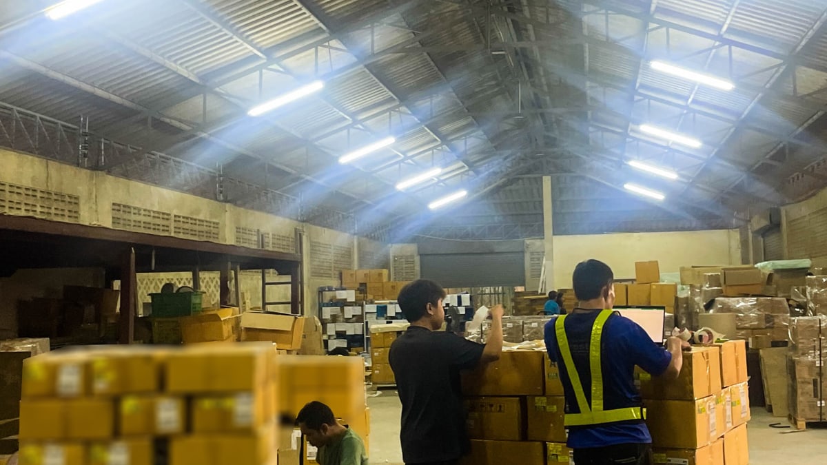 Warehouse team handling palletized cartons for freight volume planning