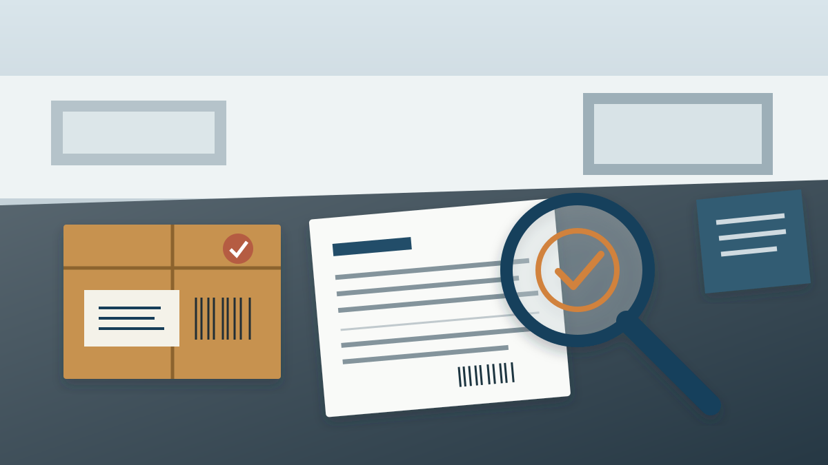 Customs compliance desk reviewing invoices, packing lists, and branded cartons
